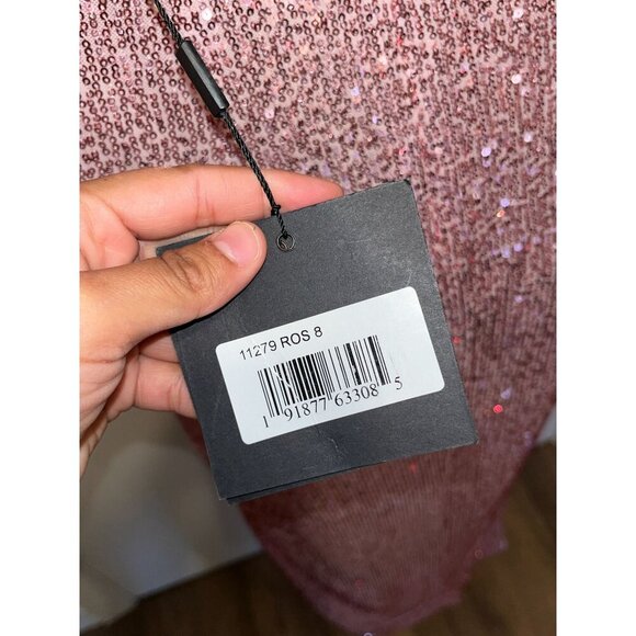 NWT Leena for Mac Duggal Pink Sequined Halter Strap Low Side Knot Gown Size 8 - Picture 13 of 16